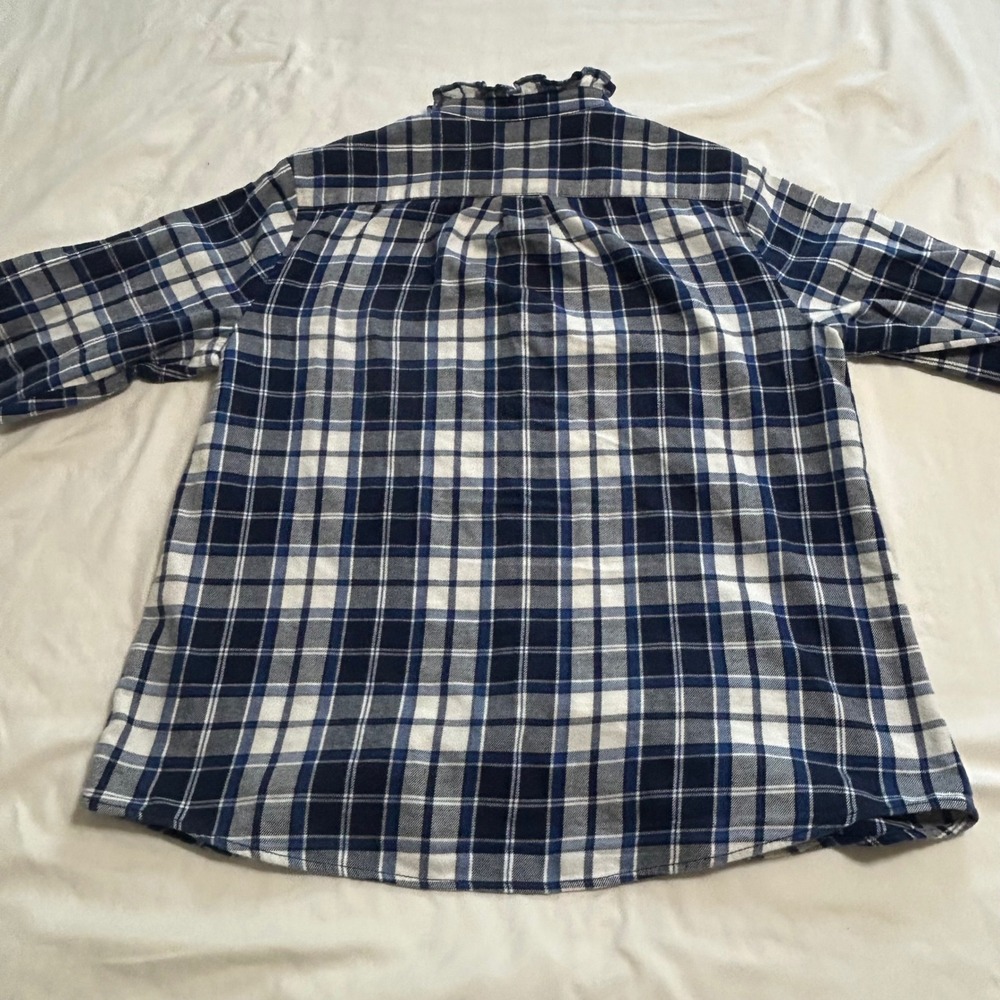 Lands End Womens Blue White Plaid Ruffle Collar Flannel Shirt Petite Medium - Picture 9 of 9